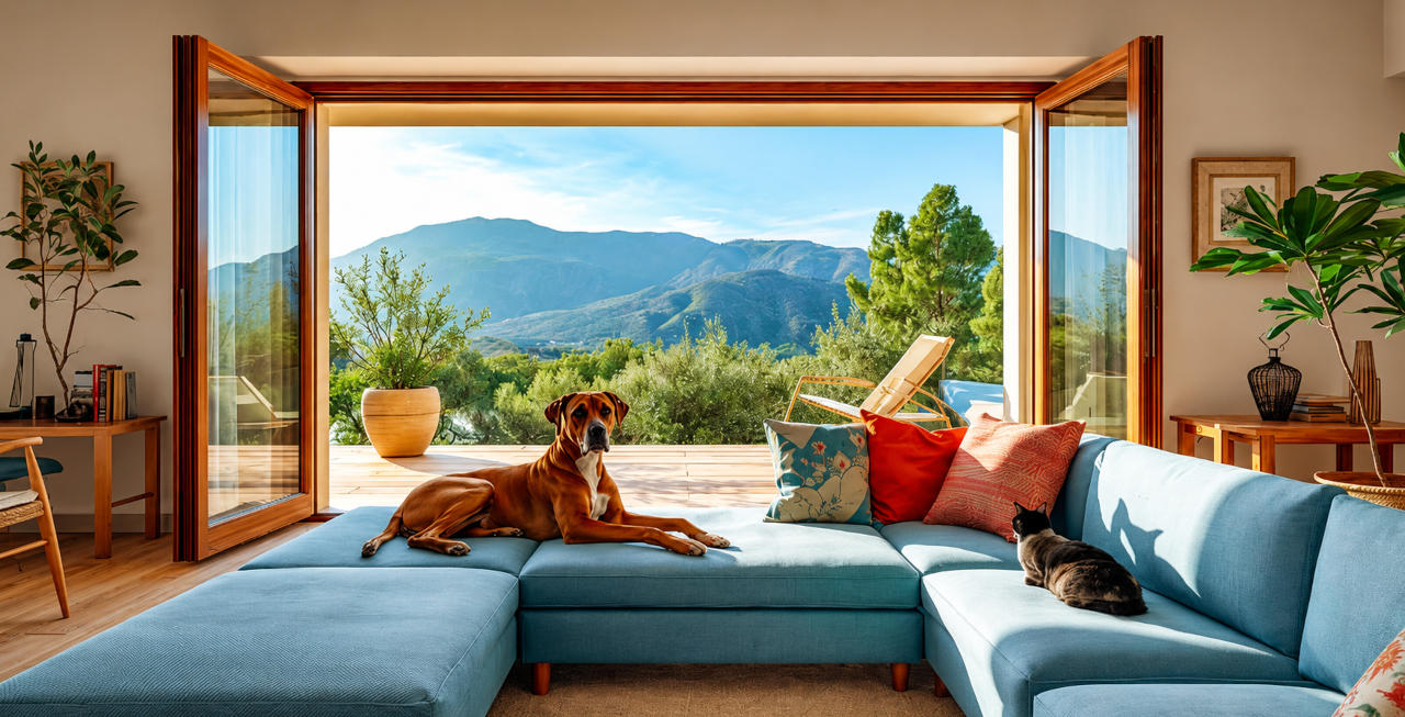 Casa limpia, sofá, perro y gato
